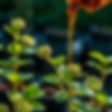 Close-up of a plant receiving liquid fertilizer application