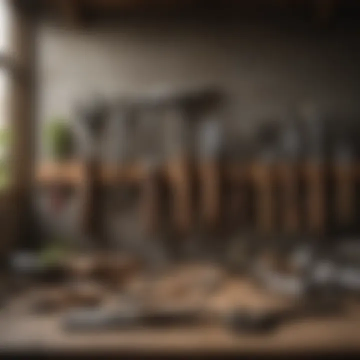 A set of well-maintained gardening tools resting on a workbench.
