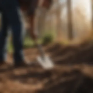 A farmer inspecting the quality of a spade in a bright, sunlit environment.