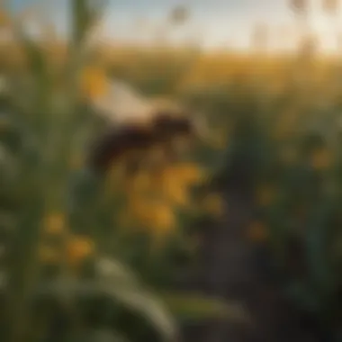 A field of crops flourishing due to effective pollination by bees.