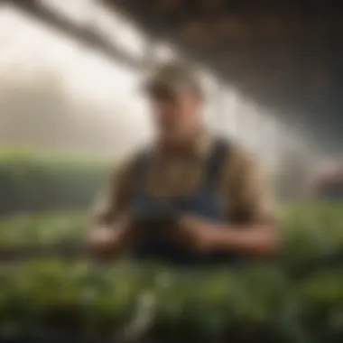 A farmer using a tablet to manage farm operations.