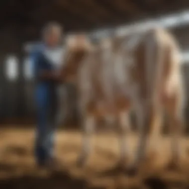 Dairy farmer observing calf growth