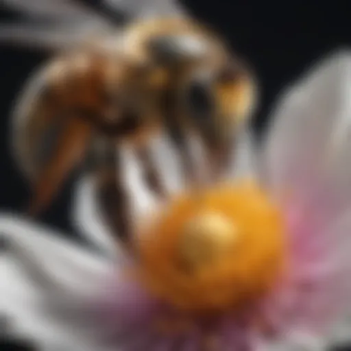 A close-up view of a bee pollinating a flower, showcasing its delicate anatomy and the intricate details of the petals.