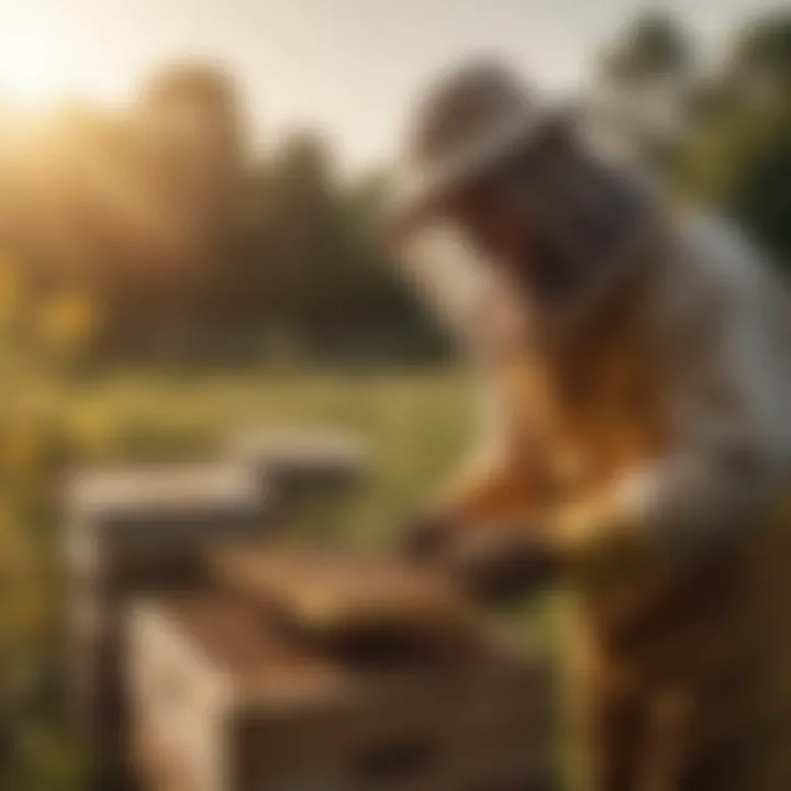 A striking visual of a beekeeper tending to a hive, emphasizing the importance of sustainable beekeeping practices.