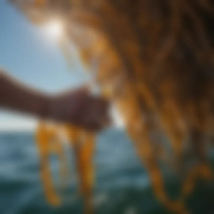 Close-up of kelp being harvested from the ocean, highlighting its importance as a marine resource.