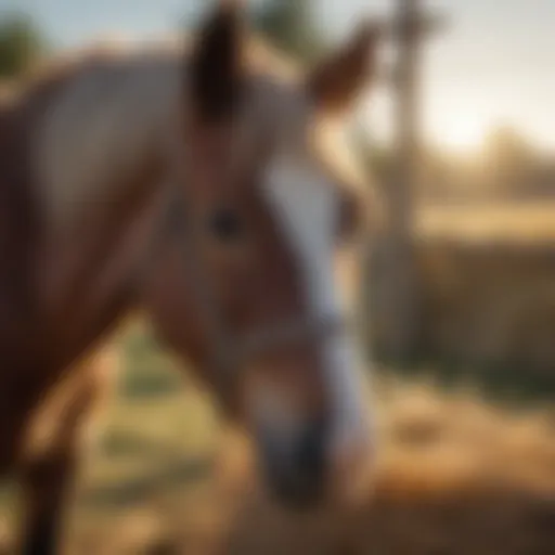 Miniature horse grazing contentedly with a hay net