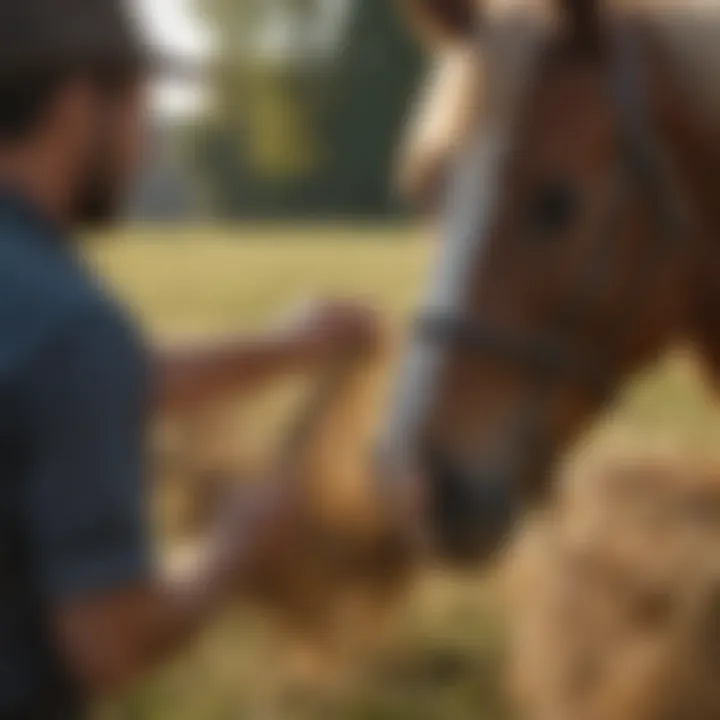 Owner demonstrating the proper use of a hay net for feeding
