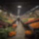 A vibrant market scene showcasing fresh produce with unsold items piled up