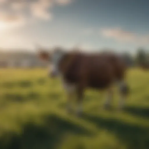 Pasture-raised cows grazing in a lush green field under a clear sky