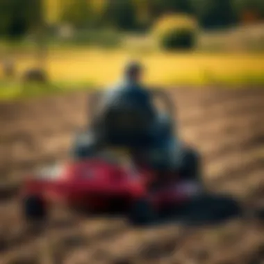 Riding Mower Tilling in the Field Riding mower in action with tilling attachment engaged