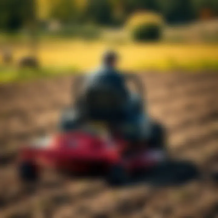 Riding Mower Tilling in the Field Riding mower in action with tilling attachment engaged