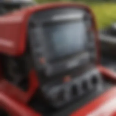 A close-up view of the Troy zero turn mower showcasing its advanced control panel.