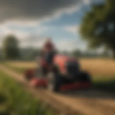 Efficient Farming with the Troy Zero Turn Mower A farmer using the Troy zero turn mower to efficiently manage a large crop area.