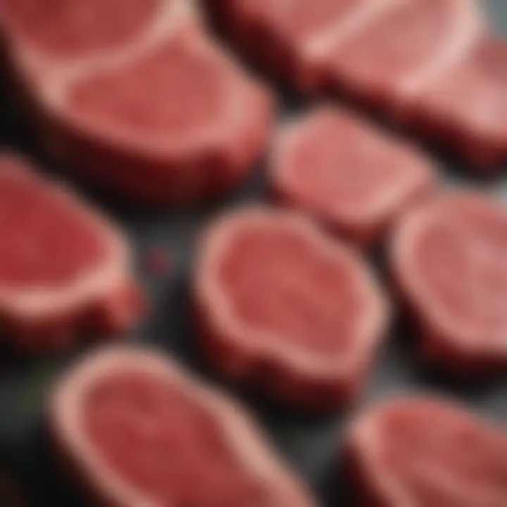 An array of different beef cuts with temperature recommendations