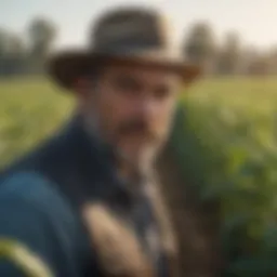 A farmer inspecting diverse crops in a field