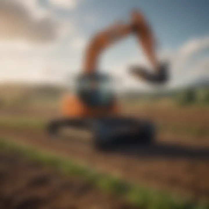 A modern excavator digger in a field surrounded by crops