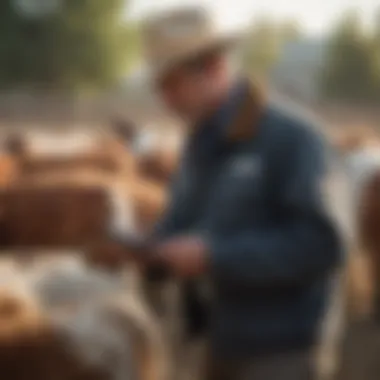Farmer Inspecting Livestock with Tag Scanner A farmer inspecting livestock with a handheld device for tag scanning