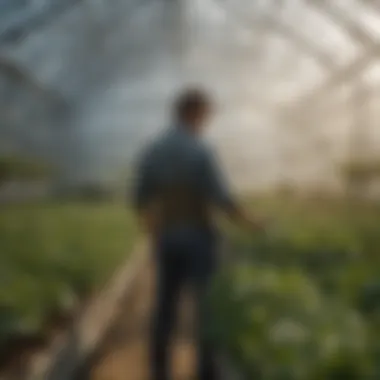 An overview of a farmer assessing a flourishing greenhouse with modern technology.
