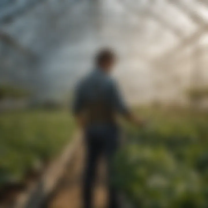 An overview of a farmer assessing a flourishing greenhouse with modern technology.