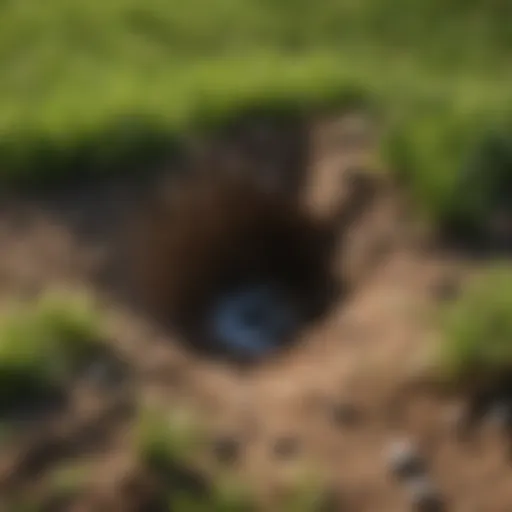 Close-up view of grub holes in a lawn demonstrating damage