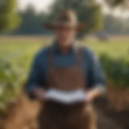 An illustration of a farmer reviewing legal documents related to confidentiality in agriculture