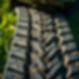 Detailed view of lawn mower tracks showcasing tread patterns