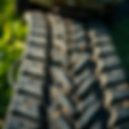 Detailed view of lawn mower tracks showcasing tread patterns