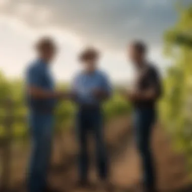 Farmers discussing data-driven strategies in a vineyard.