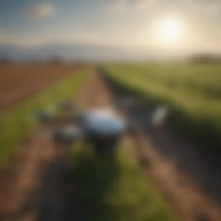 A field being monitored by drones equipped with advanced sensors.