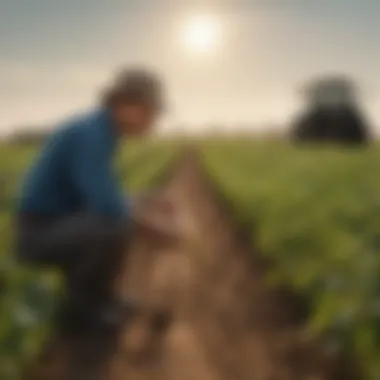 A farmer examining a field of Stine Enlist Soybeans.