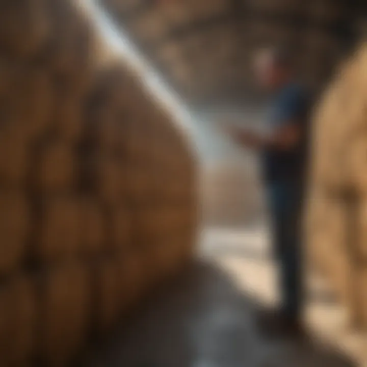 A farmer inspecting stored silage bales for quality control