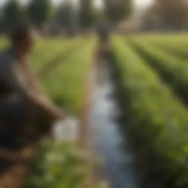 Farmers inspecting healthy crops nourished by purified water