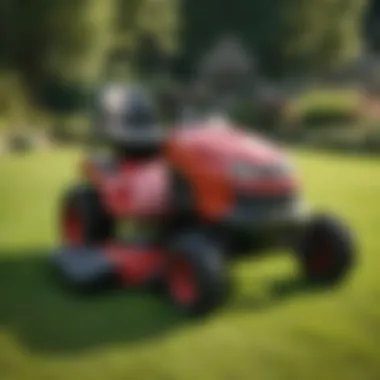 A scenic garden showcasing a well-mowed lawn with a Toro lawn mower in action