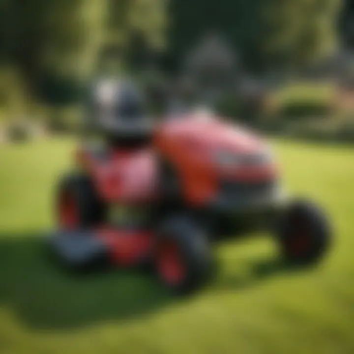 A scenic garden showcasing a well-mowed lawn with a Toro lawn mower in action