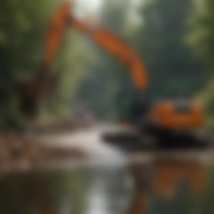 An excavator performing dredging work on a pond