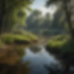 A serene pond before dredging, showcasing overgrowth and sediment build-up