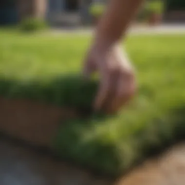 Close-up of zoysia sod being installed on a prepared surface