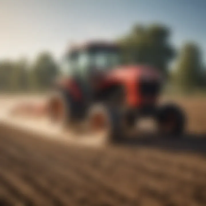 Tractor pulled aerator in action on a farm