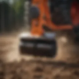 Close-up view of a twist tiller in action, breaking up soil.