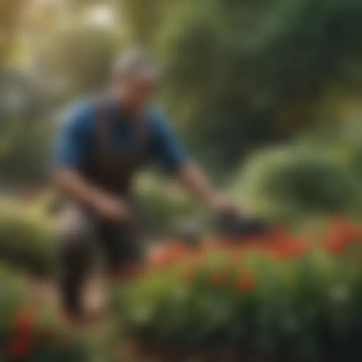 A gardener using a twist tiller in a lush garden setting.