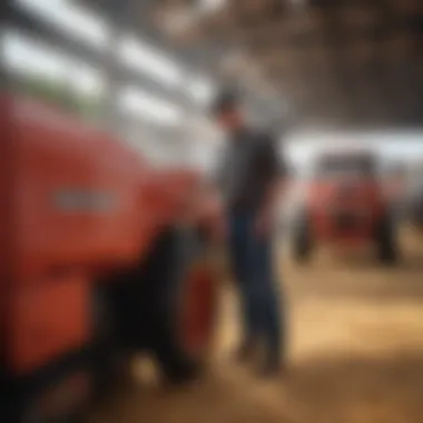 A farmer evaluating used balers at a marketplace