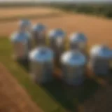 Aerial view of various grain bins showcasing their arrangement in a farm