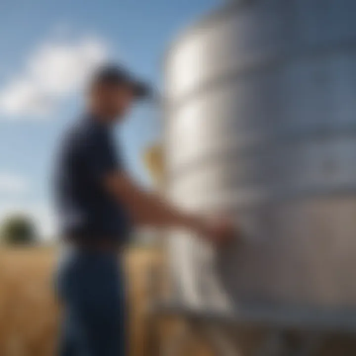 Maintenance check being conducted on a grain bin