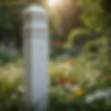 A close-up view of white post covers in a vibrant garden setting