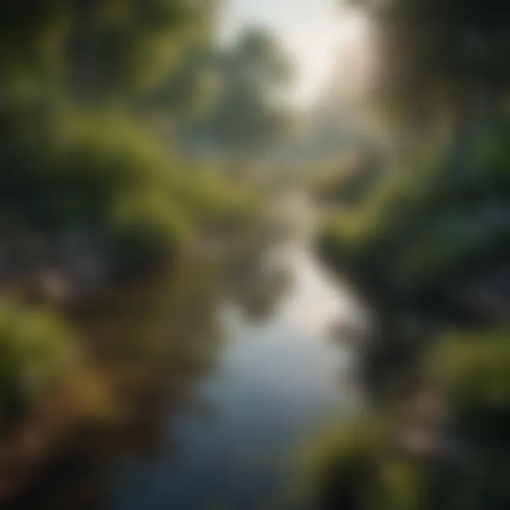 A lush pond environment with balanced ecology featuring plants and fish