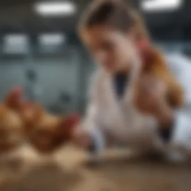 Veterinarian examining a chicken in a clinical setting