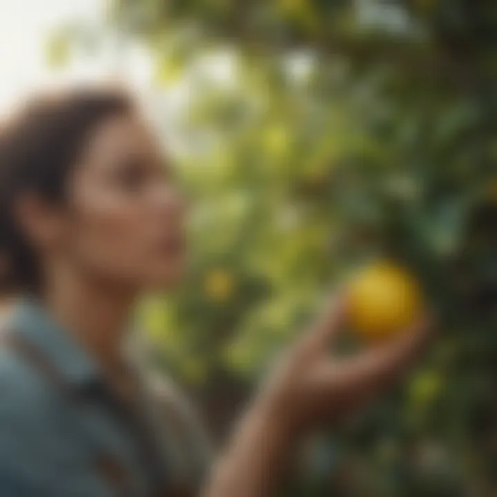 Gardener tending to a lemon tree