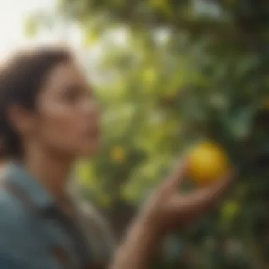 Gardener Nurturing a Lemon Tree Gardener tending to a lemon tree