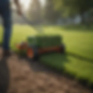 Spreader applying fertilizer on sod